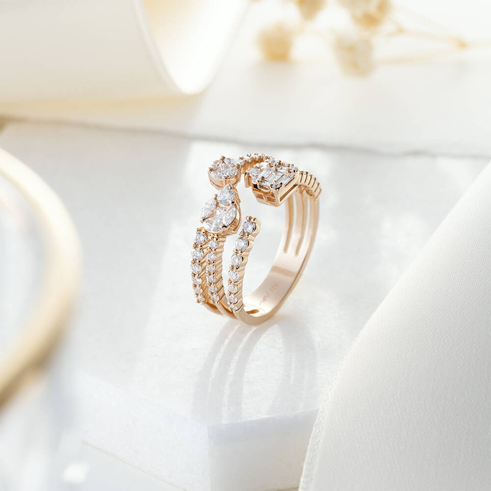 0.91 CT Baguette and Marquise Cut Diamond Rose Gold Ring