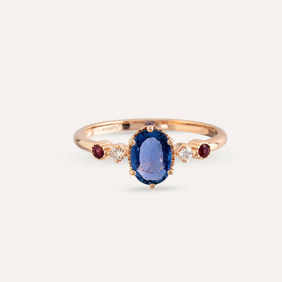 1.01 CT Blue Safir ve Pırlanta Taşlı Rose Altın Yüzük - 7