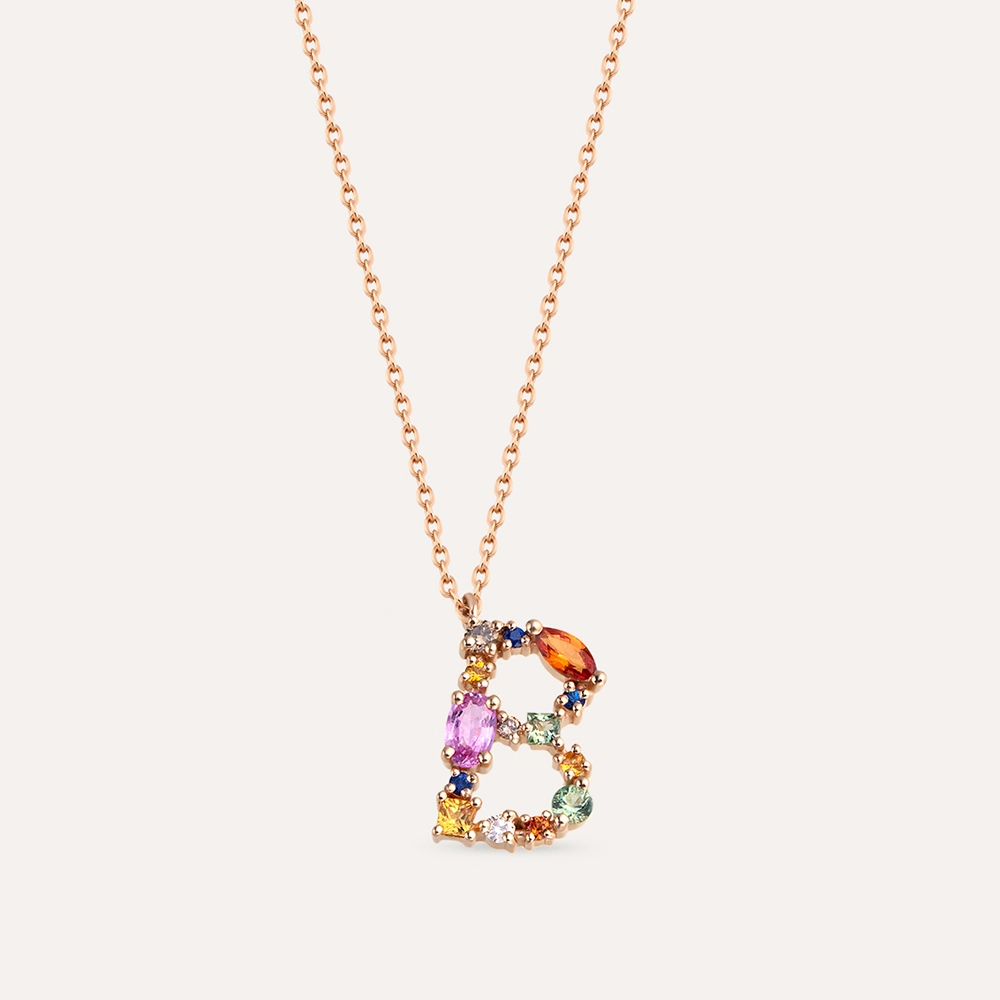 0.64 CT Brown Diamond and Multicolor Sapphire B Letter Pendant - 1