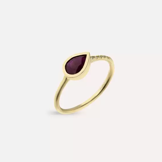 0.94 CT Pear Cut Ruby and Diamond Yellow Gold Ring - 2