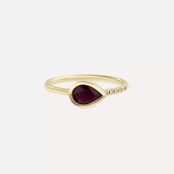 0.94 CT Pear Cut Ruby and Diamond Yellow Gold Ring - 3