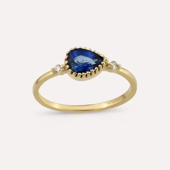 0.94 CT Safir ve Pırlanta Taşlı Sarı Altın Yüzük - 3