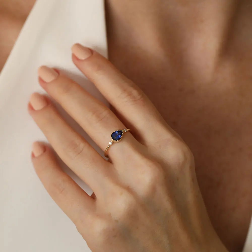 0.94 CT Safir ve Pırlanta Taşlı Sarı Altın Yüzük - 2