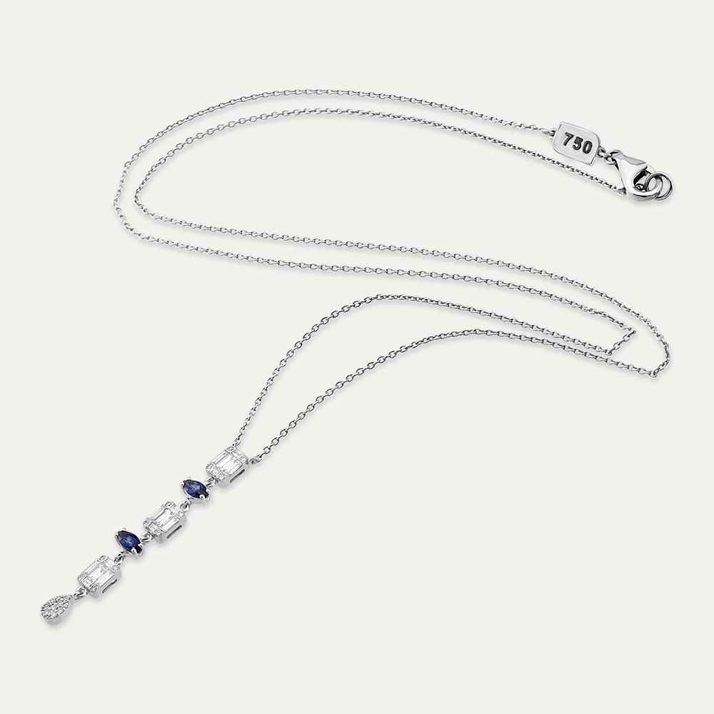 0.94 CT Sapphire and Baguette Cut Diamond White Gold Necklace - 2