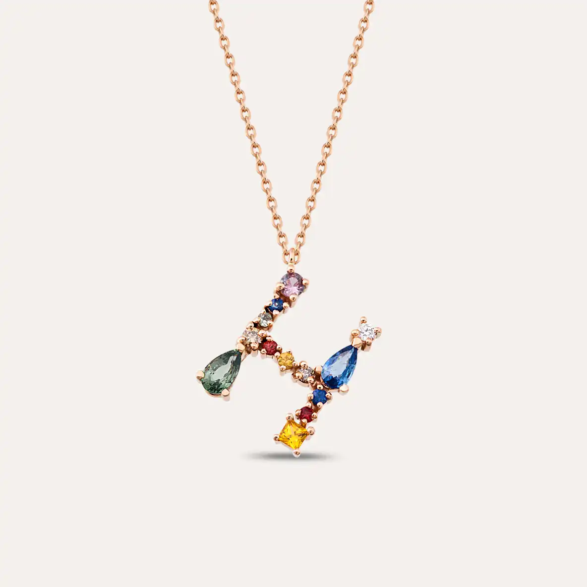0.92 CT Brown Pırlanta ve Multicolor Safir Taşlı H Harf Kolye - 1