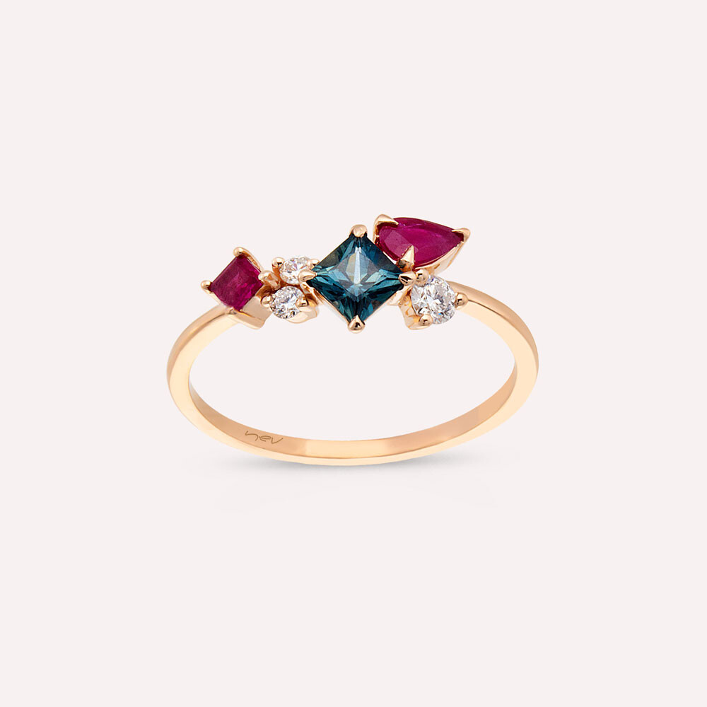 Lily 0.95 CT Ruby and Multicolor Sapphire Rose Gold Ring