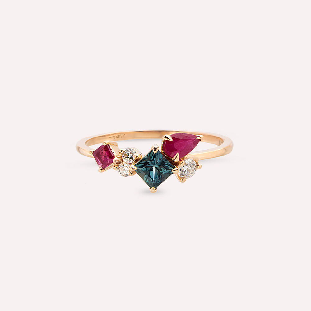 Lily 0.95 CT Ruby and Multicolor Sapphire Rose Gold Ring