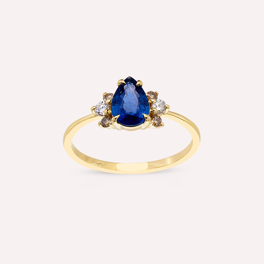 0.97 CT Blue Sapphire and Brown Diamond Yellow Gold Ring