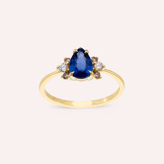 0.95 CT Blue Sapphire and Brown Diamond Yellow Gold Ring - 1