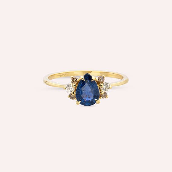 0.95 CT Blue Sapphire and Brown Diamond Yellow Gold Ring - 4