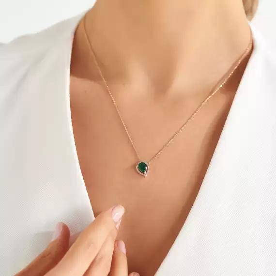 0.97 CT Pırlanta ve Damla Kesim Zümrüt Taşlı Rose Altın Kolye - 2