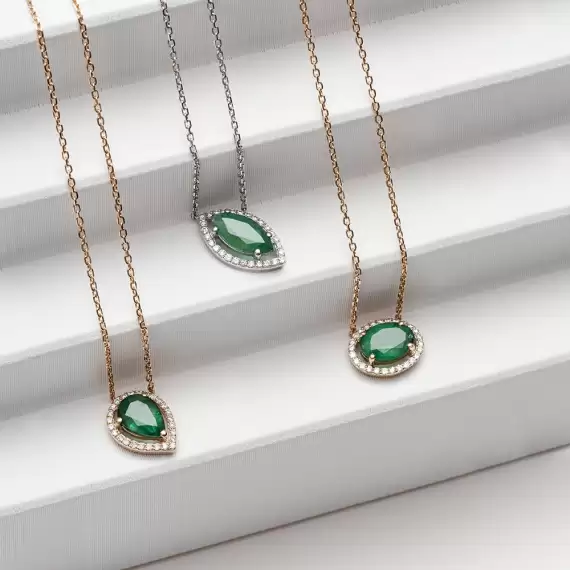 0.97 CT Pırlanta ve Damla Kesim Zümrüt Taşlı Rose Altın Kolye - 5