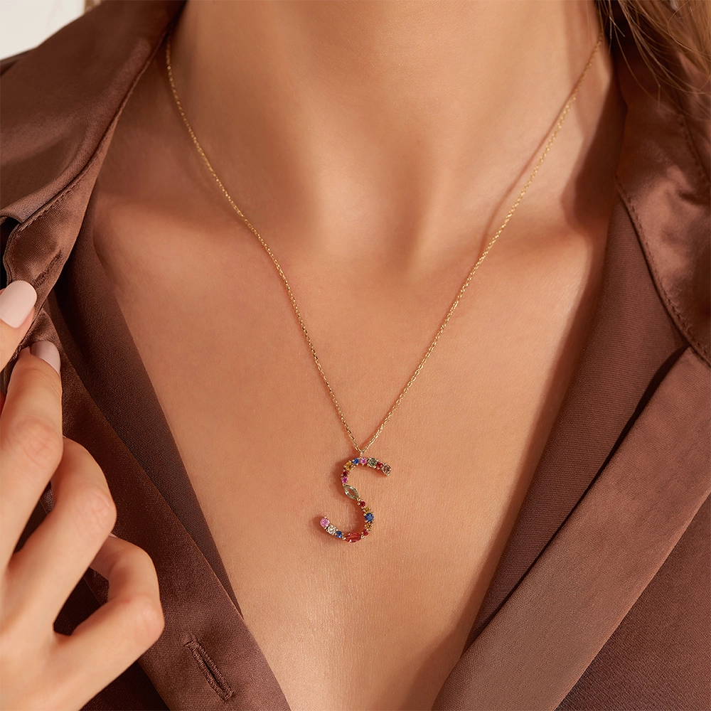 0.98 CT Multicolor Sapphire and Brown Diamond Yellow Gold S Letter Necklace - 3