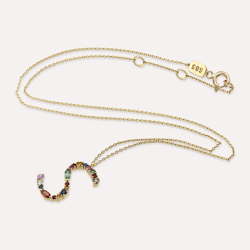 0.98 CT Multicolor Sapphire and Brown Diamond Yellow Gold S Letter Necklace - 4