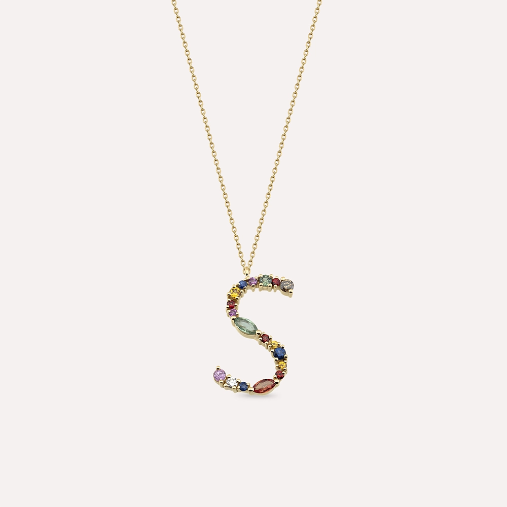 0.98 CT Multicolor Sapphire and Brown Diamond Yellow Gold S Letter Necklace - 1