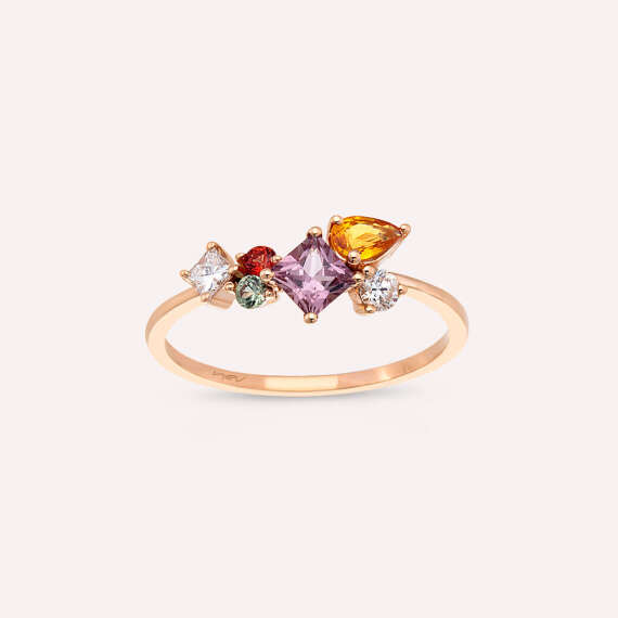 Lily 0.93 CT Pırlanta ve Multicolor Safir Taşlı Rose Altın Yüzük - 3