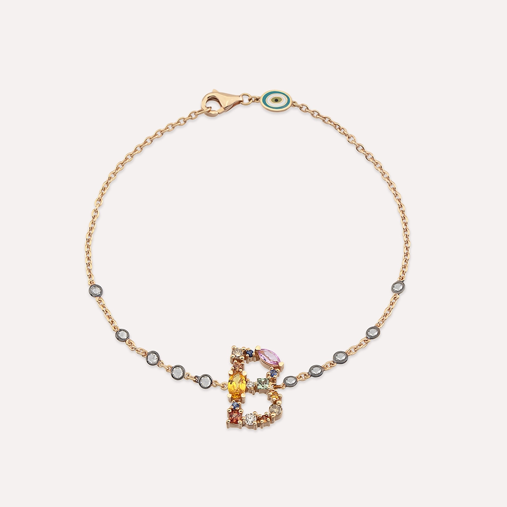 0.99 CT Brown Diamond and Multicolor Sapphire Rose Gold B Letter Bracelet - 2