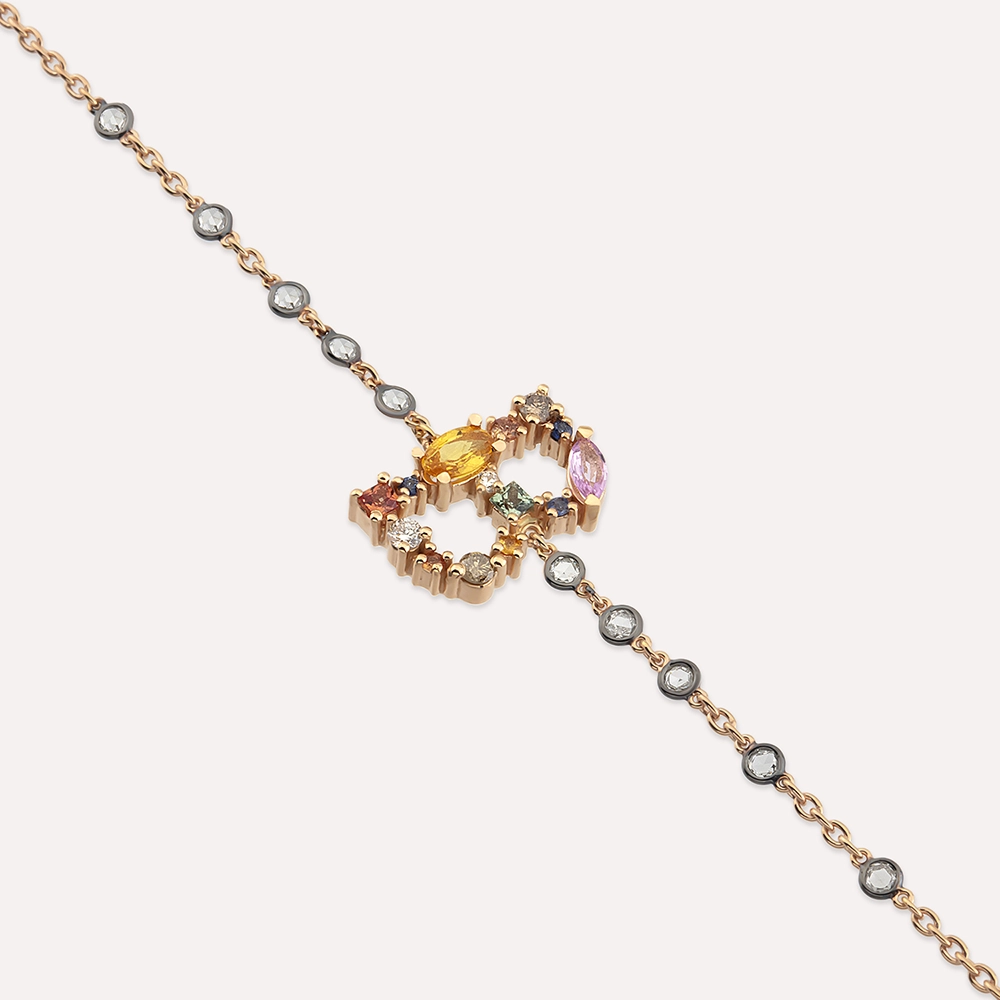 0.99 CT Brown Diamond and Multicolor Sapphire Rose Gold B Letter Bracelet - 4
