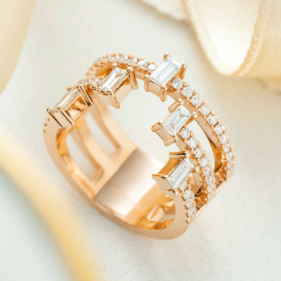 1.00 CT Baget Pırlanta Taşlı Rose Altın Yüzük - 1