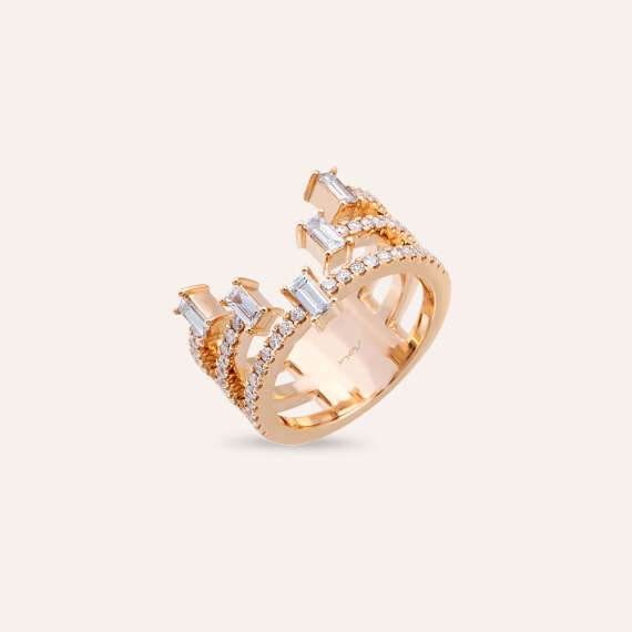 1.00 CT Baget Pırlanta Taşlı Rose Altın Yüzük - 5