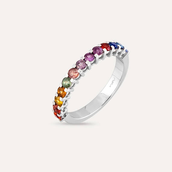 1.02 CT Multicolor Sapphire White Gold Half Eternity Ring - 1