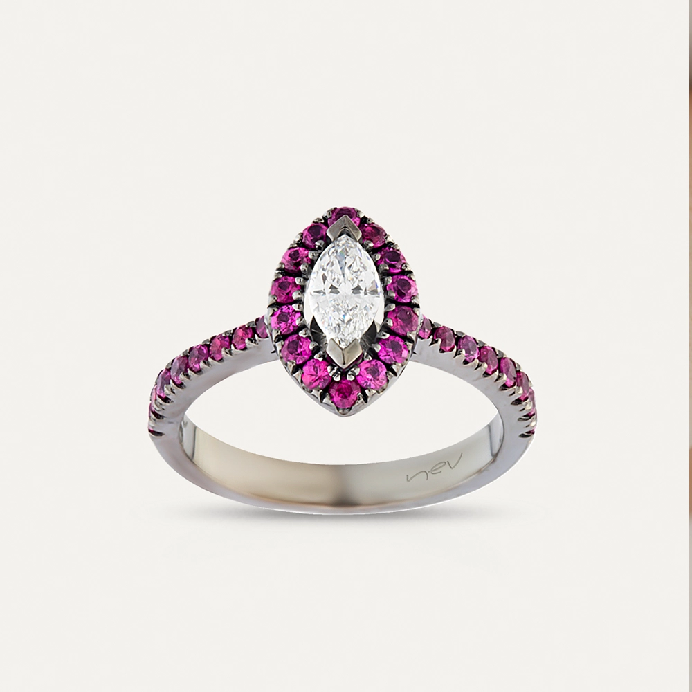 1.04 CT Markiz Kesim Pırlanta ve Yakut Taşlı Yüzük - 1