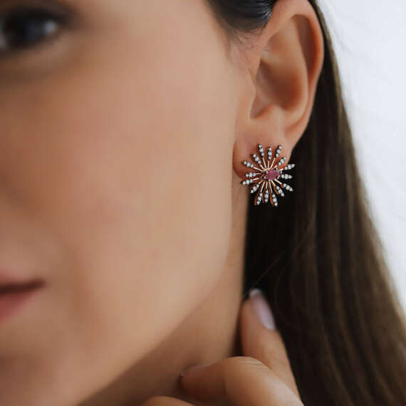 Shine 1.11 CT Yakut ve Pırlanta Taşlı Rose Altın Küpe - 2