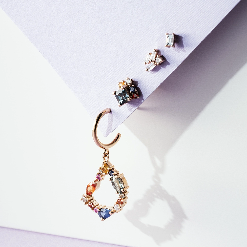 1.14 CT Multicolor Sapphire and Brown Diamond D Letter Single Earring - 4