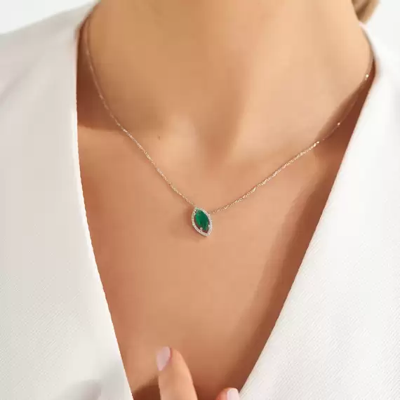 1.17 CT Diamond and Marquise Cut Emerald White Gold Necklace - 2
