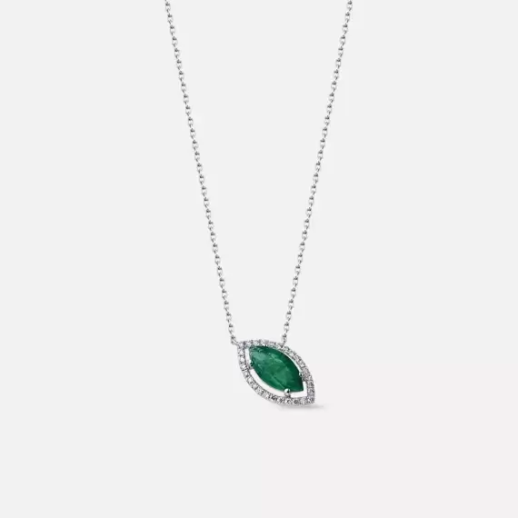 0.96 CT Pırlanta ve Markiz Kesim Zümrüt Taşlı Beyaz Altın Kolye - 1