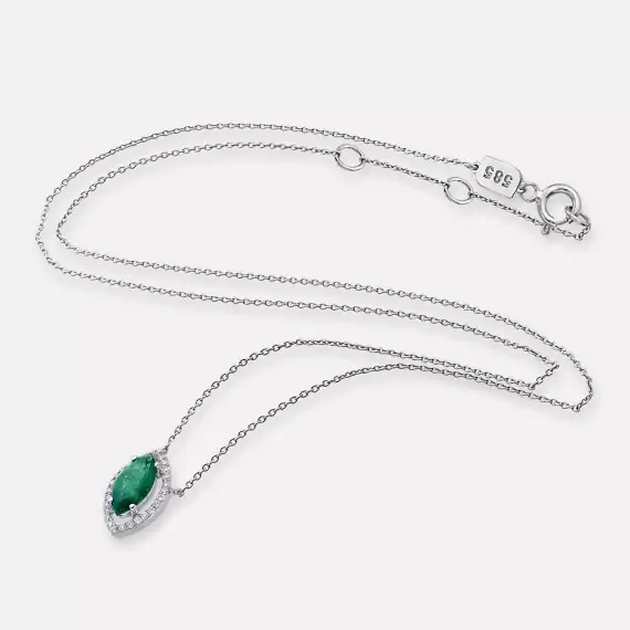 0.96 CT Pırlanta ve Markiz Kesim Zümrüt Taşlı Beyaz Altın Kolye - 3