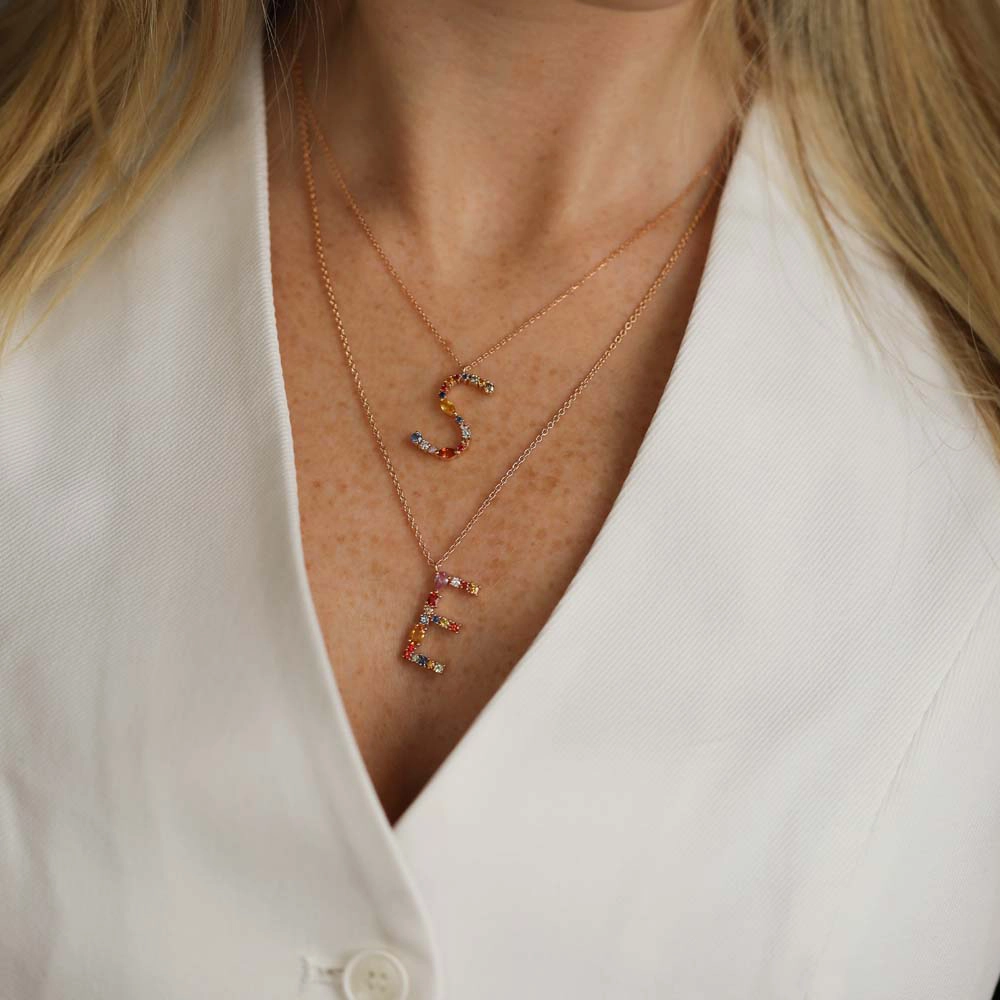 1.21 CT Brown Diamond and Multicolor Sapphire E Letter Necklace - 2