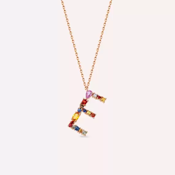 1.21 CT Brown Pırlanta ve Multicolor Safir Taşlı E Harf Kolye - 1