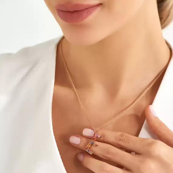 1.21 CT Brown Pırlanta ve Multicolor Safir Taşlı E Harf Kolye - 3