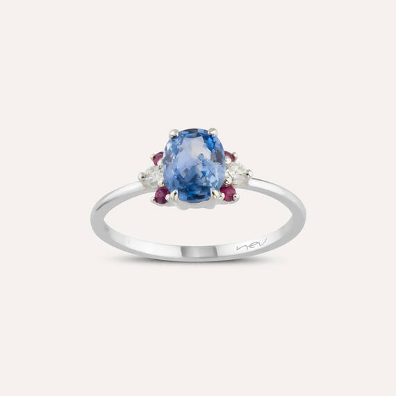 0.96 CT Blue Safir, Yakut ve Pırlanta Taşlı Beyaz Altın Yüzük - 3