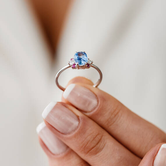 0.96 CT Blue Safir, Yakut ve Pırlanta Taşlı Beyaz Altın Yüzük - 2