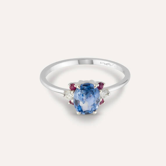 0.96 CT Blue Sapphire, Ruby and Diamond White Gold Ring - 4