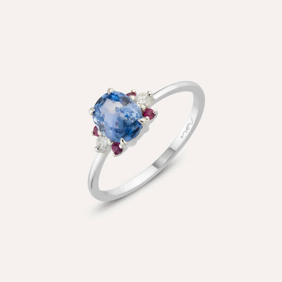 0.96 CT Blue Sapphire, Ruby and Diamond White Gold Ring - 1