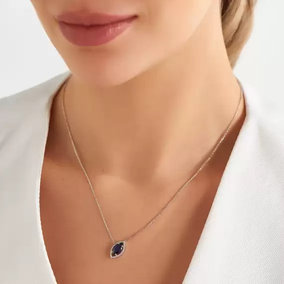 1.26 CT Markiz Kesim Safir ve Pırlanta Taşlı Beyaz Altın Kolye - 2