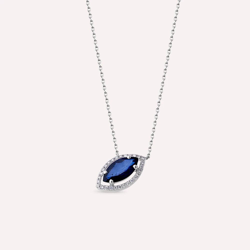 1.26 CT Marquise Cut Sapphire and Diamond White Gold Necklace