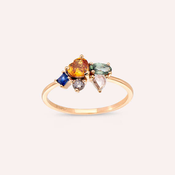 1.27 CT Multicolor Sapphire, Rose Cut Diamond and Emerald Rose Gold Ring - 1