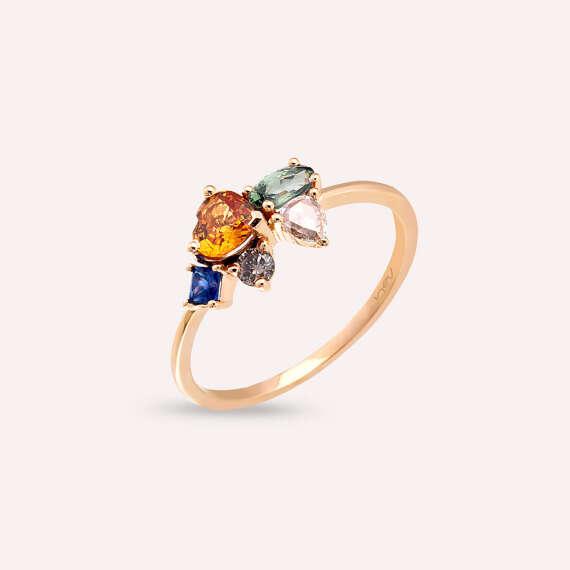 1.27 CT Multicolor Sapphire, Rose Cut Diamond and Emerald Rose Gold Ring - 2