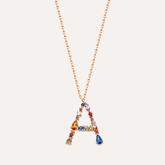 1.39 CT Brown Diamond and Multicolor Sapphire Large A Letter Pendant - 1