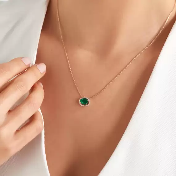 1.30 CT Pırlanta ve Oval Kesim Pırlanta Taşlı Rose Altın Kolye - 2