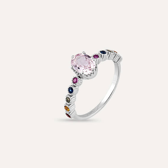 1.37 CT Light Pink ve Multicolor Safir Taşlı Beyaz Altın Yüzük - 6