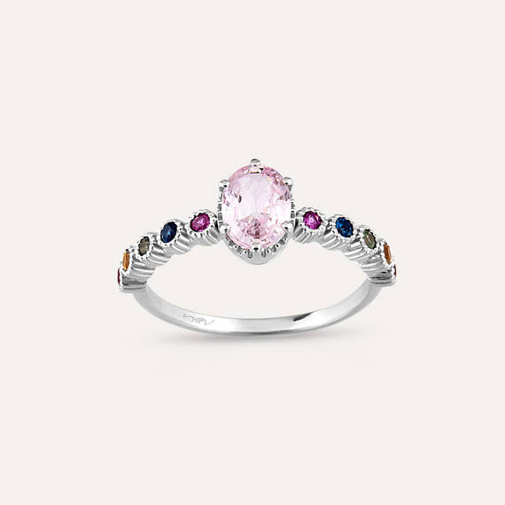 1.37 CT Light Pink ve Multicolor Safir Taşlı Beyaz Altın Yüzük - 5