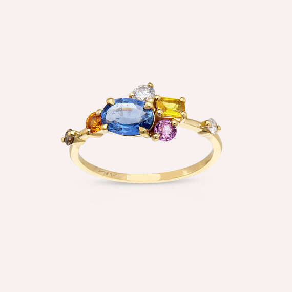 1.41 CT Multicolor Sapphire and Brown Diamond Yellow Gold Ring - 1