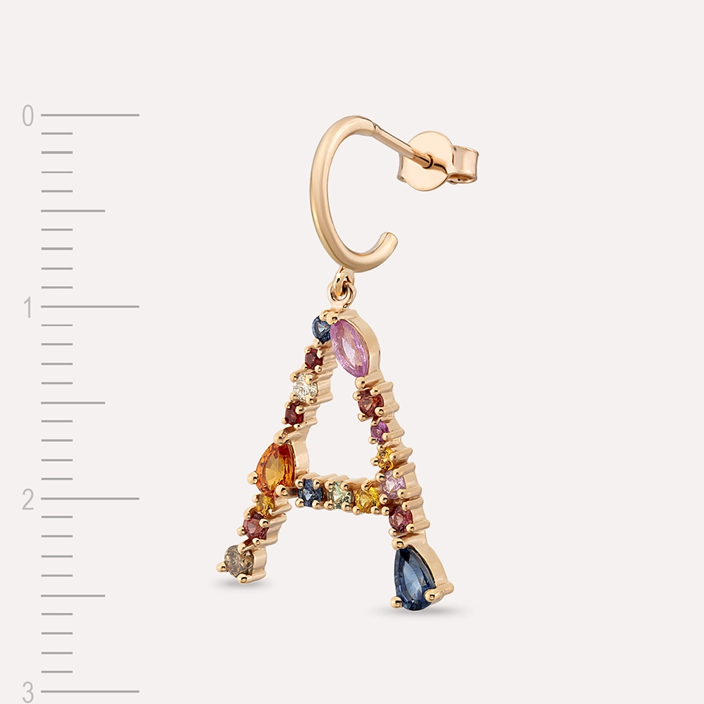 1.42 CT Multicolor Sapphire and Brown Diamond A Letter Single Earring - 6