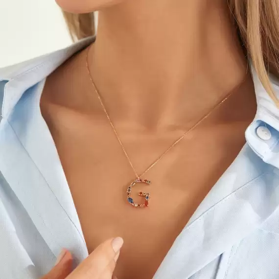 1.42 CT Multicolor Sapphire and Brown Diamond Rose Gold G Letter Necklace - 2