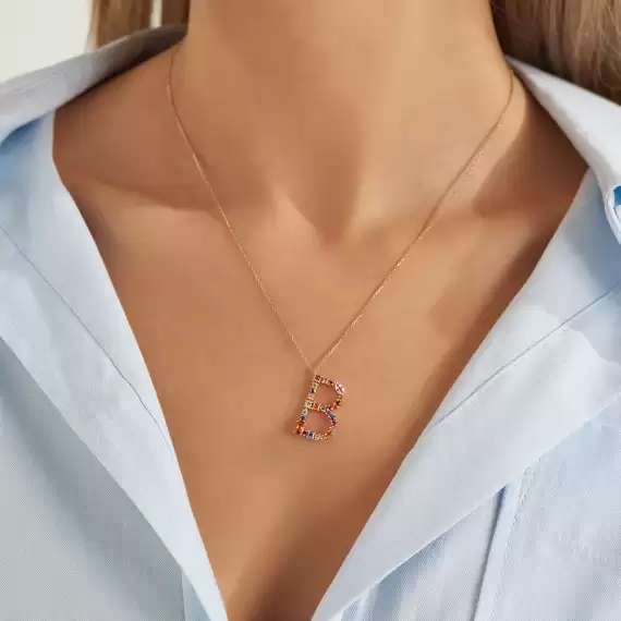 1.42 CT Multicolor Safir ve Brown Pırlanta Taşlı Rose Altın B Harf Kolye - 2